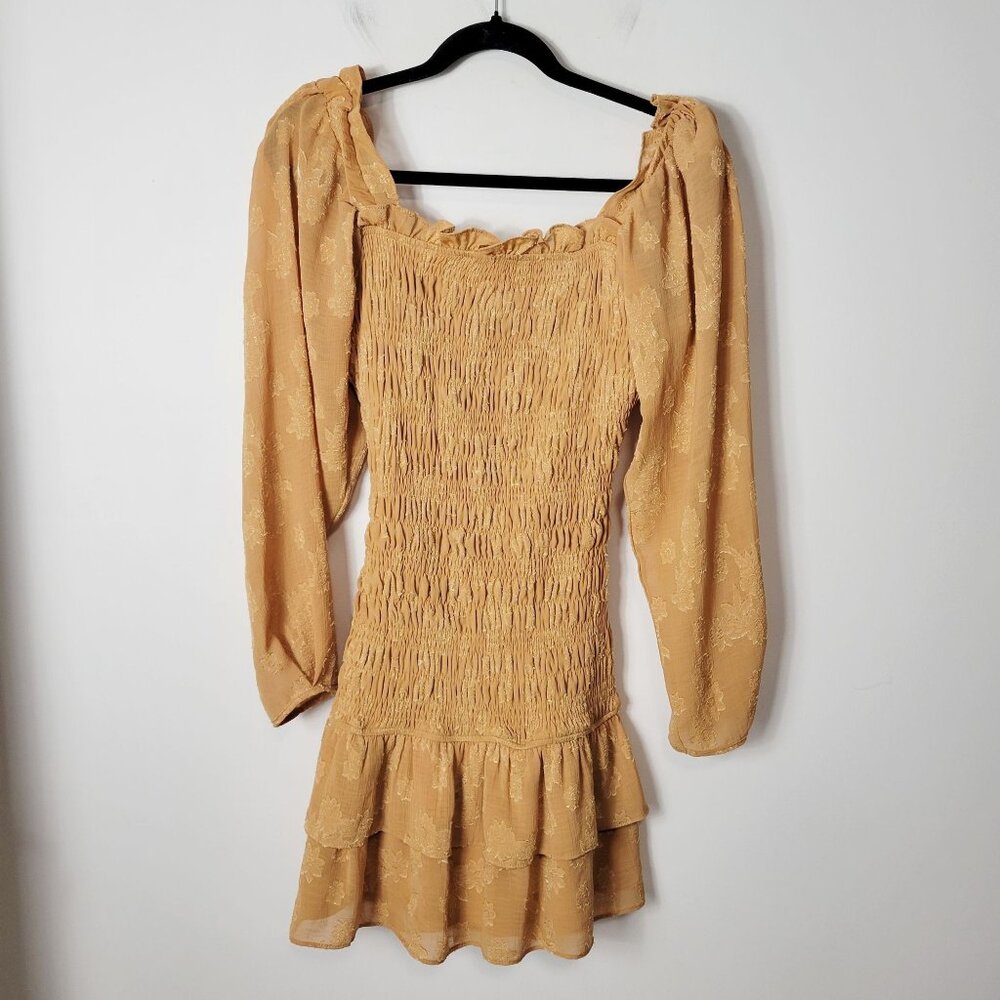 Vici Size S Smocked Ruffle Gold Dress Balloon Sleeve